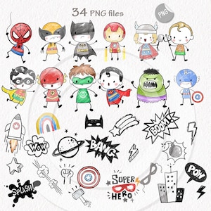 May include: A collection of 34 PNG files featuring watercolor illustrations of superheroes and comic book elements. Includes characters like Spider-Man, Batman, and Superman, along with speech bubbles and action words like "BOOM!" and "SPLASH!"
