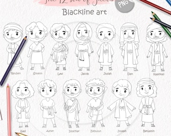 12 Sons of Jacob ClipArt ,Blackline art, digital stamp clipart PNG files 300 dpi.