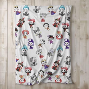 May include: White blanket featuring a repeating pattern of cartoon villains in various colors. The characters are depicted in a whimsical style, with exaggerated features and costumes. The blanket is made of a soft, likely plush material, and is suitable for a bed or couch.