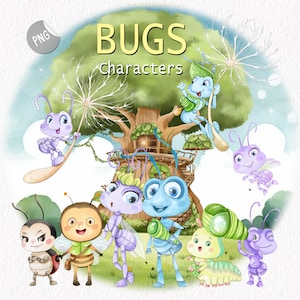Puede incluir: Ilustración en acuarela con insectos de dibujos animados con el texto "BUGS Characters". Los insectos son de varios colores, incluyendo morado, azul, amarillo y verde. Una casa en el árbol está en el fondo.