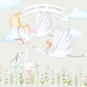 Witaj, kochanie, akwarelowe cliparty, pliki PNG clipart z bocianem na baby shower.