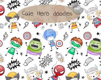 Cute Hero Hand Drawn ,doodle clipart, Seamless Pattern, instant download PNG file - 300 dpi