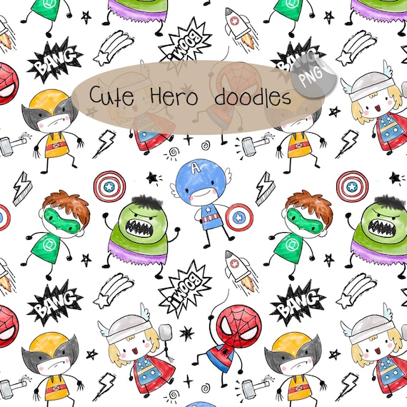 Cute Hero Hand Drawn ,doodle clipart, Seamless Pattern, instant download PNG file - 300 dpi