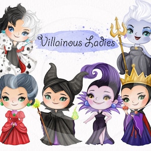 May include: A digital illustration of seven Disney villain characters, including Maleficent, Ursula, Cruella de Vil, and Evil Queen. The characters are depicted in a cartoon style with large eyes and bright colors. The text "Villainous Ladies" is written in a whimsical font above the characters.