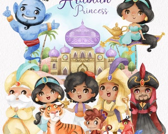 May include: A watercolor illustration of characters from the Arabian Nights, including a genie, a princess, Aladdin, Abu the monkey, Jafar, and a tiger. The illustration features a purple and gold palace in the background.