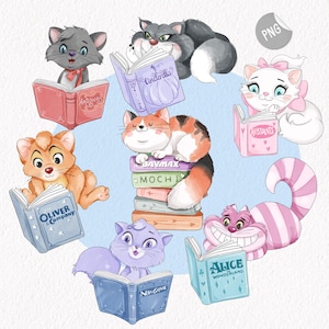 May include: Watercolor illustration of various cartoon cats reading books. The cats are in different colors and poses, with books titled "Aristocats", "Cinderella", "Oliver & Company", "Alice in Wonderland", and "New Groove".