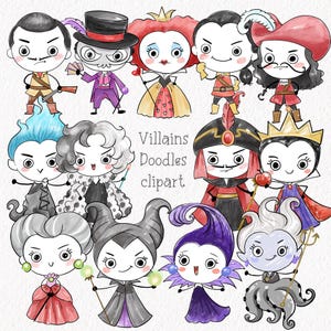 May include: A collection of cartoon illustrations of various villains. The characters are depicted with exaggerated features and colorful outfits. The text "Villains Doodles clipart" is also included in the image.