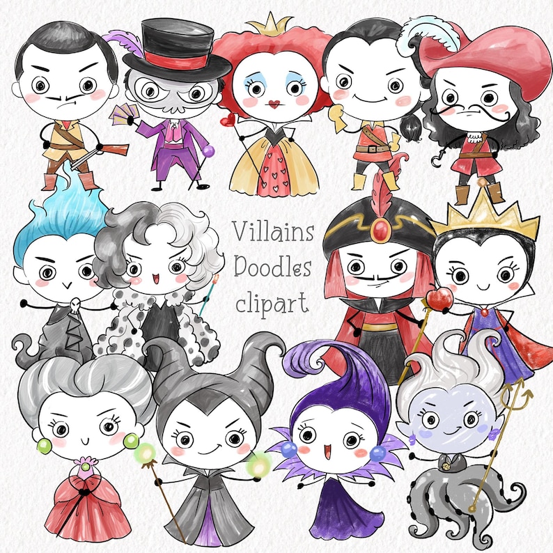 May include: A collection of cartoon illustrations of various villains. The characters are depicted with exaggerated features and colorful outfits. The text "Villains Doodles clipart" is also included in the image.