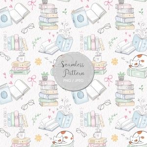 May include: A seamless pattern with illustrations of books, spectacles, coffee cups, and sleeping cats. The design incorporates hearts, bows, and floral elements in pastel shades, creating a cosy, book-themed aesthetic.