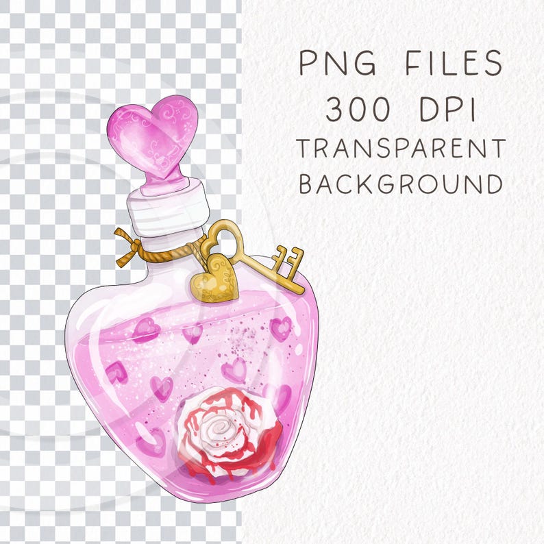 May include: A pink glass bottle shaped like a heart with a gold key and a pink rose inside. The bottle is filled with a pink liquid and has a pink heart-shaped stopper.