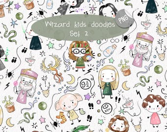 Wizard kids Hand Drawn set 2 ,doodle clipart, instant download PNG file - 300 dpi
