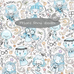 May include: A whimsical pattern featuring light blue wizard and ghost doodles on a white background. The design includes characters with mustaches, spectacles, and jester hats, along with chains, scrolls, and stars. The text "Wizard Ghost doodles" is also present.