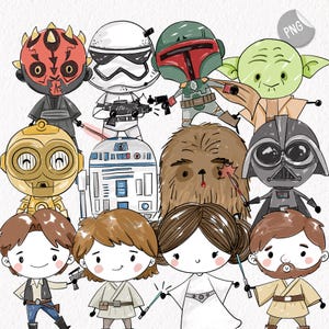 May include: A collection of cartoon-style Star Wars characters, including Darth Vader, Yoda, and Boba Fett. The illustrations feature bold outlines and bright colors, with each character holding their signature weapon or accessory. The overall theme is a playful take on the iconic movie franchise.