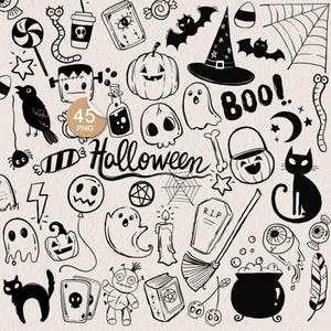 Hand Drawn Halloween, Halloween doodle clipart, blackline art instant download PNG file - 300 dpi