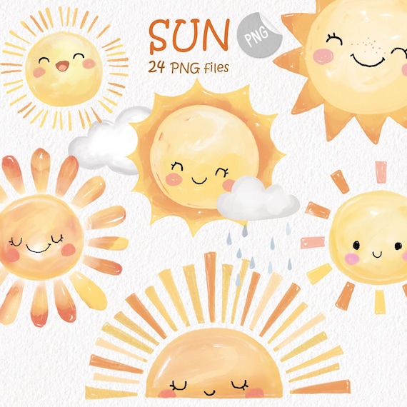 Sun Clipart, water color sun clipart, hand drawn clipart, PNG files 300 dpi.