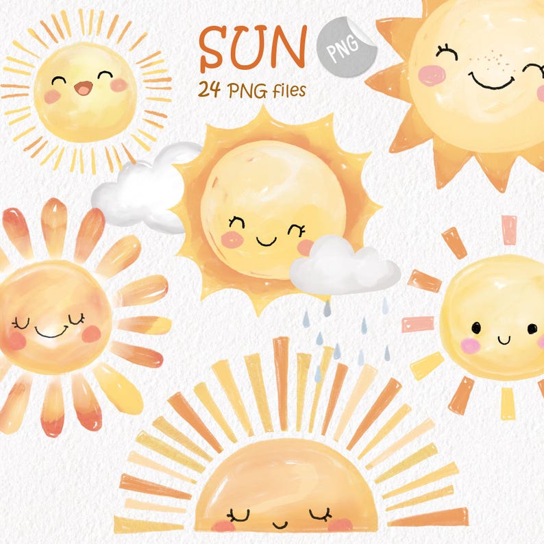 May include: Watercolor illustrations of smiling suns in various poses, with yellow and orange hues. The word "SUN" is displayed in orange text, along with "24 PNG files". The suns have cute, smiling faces and are accompanied by clouds and raindrops.
