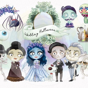 May include: A watercolor illustration of a Halloween wedding with a bride and groom, skeletons, a spider, and a banner that says "Wedding Halloween".