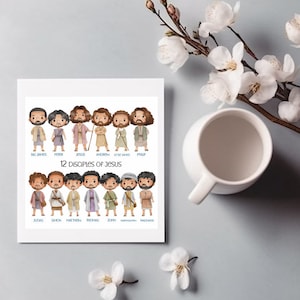 May include: Illustration of the 12 disciples of Jesus. Each disciple is depicted as a cartoon character with a name label below. The disciples are arranged in two rows of six. The text "12 Disciples of Jesus" is centered above the disciples.