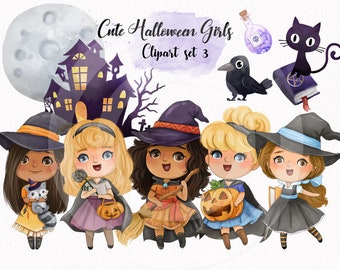 Cute Halloween girls clipart Set 3 ,PNG files instant download PNG file - 300 dpi