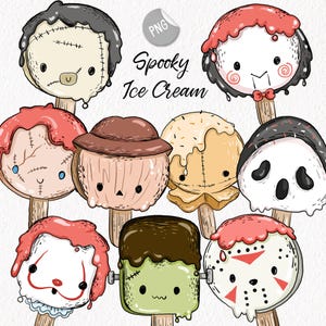 Puede incluir: Una colección de paletas de helado de dibujos animados con diseños temáticos de Halloween. Cada paleta presenta un personaje diferente, incluyendo Frankenstein, un payaso y un zombi, con las palabras "Spooky Ice Cream" en el centro.