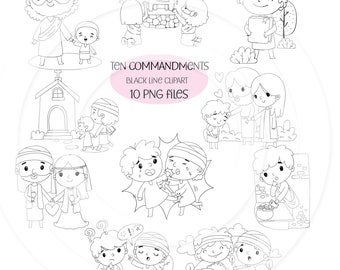 Ten Commandments Clipart: Bible Characters, Blackline Art (PNG File)