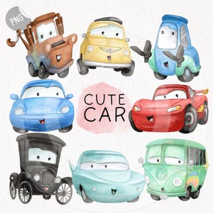 May include: A set of nine watercolor illustrations of cute cartoon cars. The cars are all different colors and have different expressions on their faces. The text "CUTE CAR" is written in pink on a watercolor background.