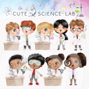 Puede incluir: Un conjunto de ocho ilustraciones de acuarela de niños vestidos como científicos con batas de laboratorio, realizando experimentos con microscopios, vasos de precipitados y tubos de ensayo. Las ilustraciones son coloridas y caprichosas, con un estilo lindo y juguetón. El texto "Cute Science Lab" está escrito en la parte superior de la imagen.