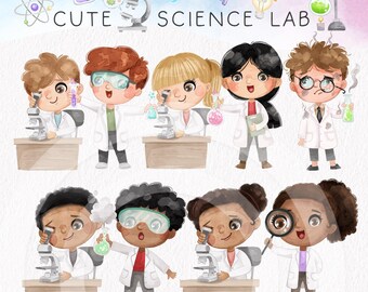 Imágenes prediseñadas de laboratorio, imágenes prediseñadas de ciencia linda, imágenes prediseñadas de niño científico, imágenes prediseñadas dibujadas a mano, archivos PNG.