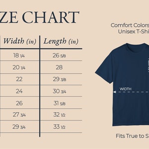 Size chart for a unisex t-shirt. The chart shows the width and length in inches for sizes S, M, L, XL, 2XL, 3XL, and 4XL. The chart also includes an image of a blue t-shirt with the words 'WIDTH' and 'LENGTH' labeled on the image. The text 'Fits True to Size' is below the image.