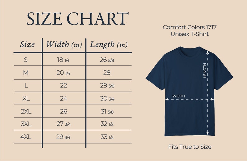 Size chart for a unisex t-shirt. The chart shows the width and length in inches for sizes S, M, L, XL, 2XL, 3XL, and 4XL. The chart also includes an image of a blue t-shirt with the words 'WIDTH' and 'LENGTH' labeled on the image. The text 'Fits True to Size' is below the image.