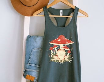 Frog Mushroom Racerback Tank Top, Whimsical Cottagecore Shirt, Fairycore Nature Lover