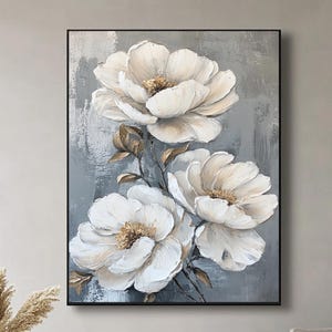 Peinture de fleurs blanches texturées 3D, Art texturé de fleurs abstraites, Peinture florale moderne, Peinture acrylique gris blanc sur toile, Art mural vertical