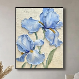 Art mural original de fleurs texturées abstraites bleues, peinture 3D de fleurs bleues épanouies sur toile, peinture à l'huile de couteau à palette, décoration murale de fleurs pour la maison