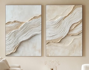 Set of 2 Beige White Minimalist Textured Wall Art: Modern Wabi Sabi Art