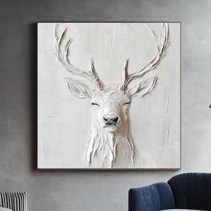 Original 3D Textured Animal Painting,White Elk Oil Painting,Animal Deer Canvas Art,Minimalist Acrylic Painting,Modern Office Wall Art Decor