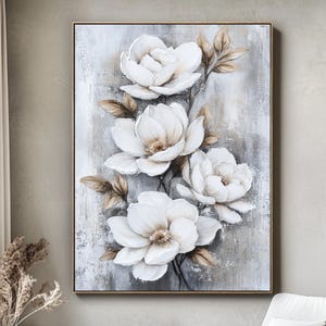 Grande oeuvre d'art murale abstraite florale blanche, peinture acrylique fleur blanche sur toile, peinture à l'huile florale texturée 3D, cadeau de décoration de salon moderne