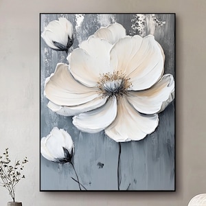 Grande peinture à l'huile de fleur blanche sur toile, peinture blanche de texture 3D, art mural abstrait floral blanc, déco florale minimaliste moderne