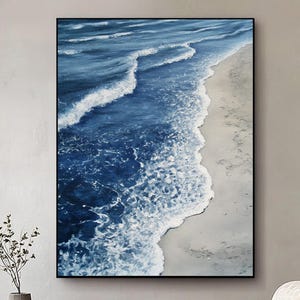 Large Blue Sea Painting On Canvas,Ocean Beach Canvas Painting,Textured White Wave Painting,Custom Seascape Art,Beach Wall Decor