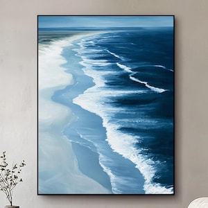Blue Canvas Ocean Beach Painting,Blue White Wave Abstract Painting,White Wave Wabi Sabi Minimalist Beach Painting,Personalized Wall Decor