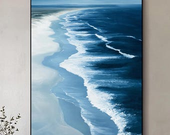 大きな青い海の抽象画：海景ビーチサンセットアート - Etsy 日本