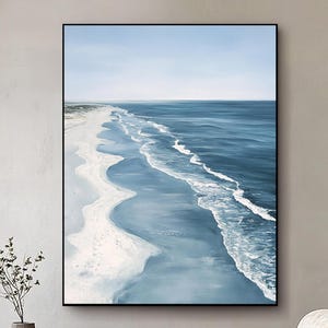 Blue Acrylic Ocean Painting,Hand-Painted Canvas Ocean Beach Painting,Textured Ocean Beach Wall Art,Sea and Sky Landscape Wall Decor