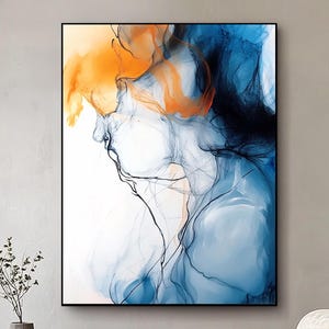 Large Orange & Blue Abstract Painting: Geometric Modern Wall Art
