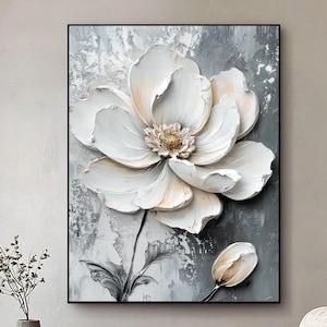 Peinture à l'huile 3D blanche sur toile texturée avec grandes fleurs, art mural texturé avec fleurs abstraites, peinture texturée épaisse, décoration de salon art floral