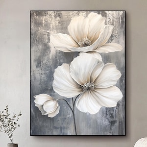 Peinture texturée 3D de fleurs blanches beiges, peinture florale en fleurs, art mural floral texture empâtement, art abstrait floral moderne, décoration murale florale