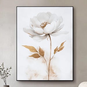 Original Gold White Flower Canvas Art,Framed Canvas Art,White Floral Painting on Canvas,Abstract Textured Floral Art,Living Room Wall Decor