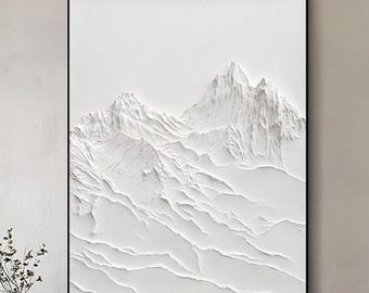 Pintura al óleo 3D de Montaña Blanca hecha a mano sobre lienzo: Arte mural Wabi-Sabi