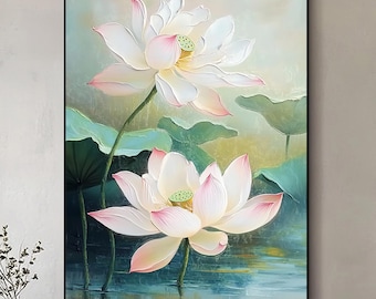 Handmade Lotus Flower Oil Painting, Water Lilies on Canvas, Home Wall Decor