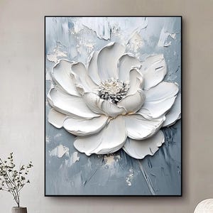 Original 3D White Flower Texture Painting,Floral Wall Art,3D Framed Floral Painting,Modern Custom Wall Painting,Living Room Wall Art Decor