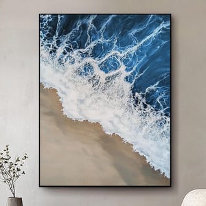 Large Abstract 3D Textured Ocean Painting,Waves on Beach Painting,Blue White Ocean Beach Wave Painting,Modern Ocean Wave Texture Wall Art