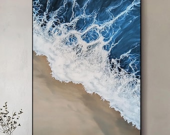 Large Abstract 3D Textured Ocean Painting: Modern Beach Wave Wall Art